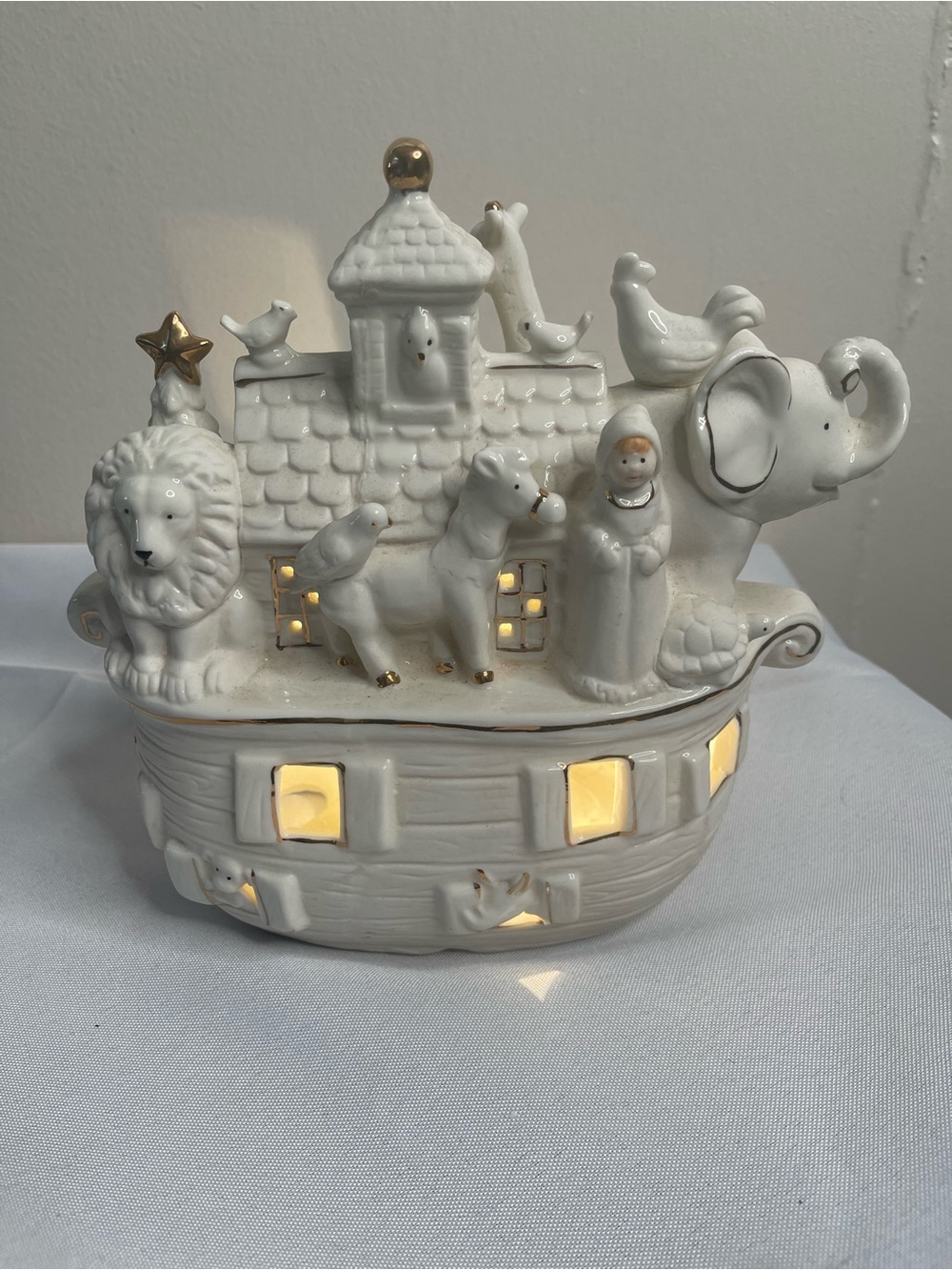 White Ceramic Noah's Ark Figurine with Gold Accents - lights up